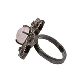 Star Rose Quartz, Ruby and Diamond 925 Silver Black Rhodium Plated Ring