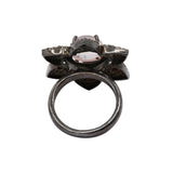 Star Rose Quartz, Ruby and Diamond 925 Silver Black Rhodium Plated Ring