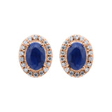 Natural Blue Sapphire Gemstone And Cubic Zircon 925 Sterling Silver Oval Shaped Stud Earring