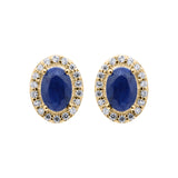 Natural Blue Sapphire Gemstone And Cubic Zircon 925 Sterling Silver Oval Shaped Stud Earring
