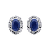 Natural Blue Sapphire Gemstone And Cubic Zircon 925 Sterling Silver Oval Shaped Stud Earring