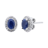 Natural Blue Sapphire Gemstone And Cubic Zircon 925 Sterling Silver Oval Shaped Stud Earring