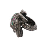 Crocodile Emerald Ruby and Diamond 925 Sterling Silver Black Rhodium Plated Ring