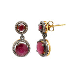 Natural Round Shaped Ruby Gemstone and Diamond 925 Sterling Silver Beautiful Drop Earring