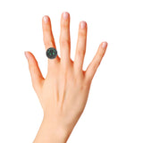 Natural Emerald Gemstone and Black Diamond Floral 925 Sterling Silver Black Rhodium Ring
