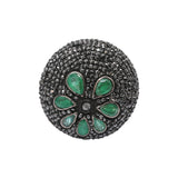 Natural Emerald Gemstone and Black Diamond Floral 925 Sterling Silver Black Rhodium Ring