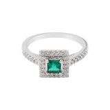 Luxurious Square Cut Emerald Gemstone and Diamond 18k Yellow Gold Handmade Ring