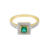 Luxurious Square Cut Emerald Gemstone and Diamond 18k Yellow Gold Handmade Ring
