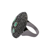 Natural Emerald Gemstone and Black Diamond Floral 925 Sterling Silver Black Rhodium Ring