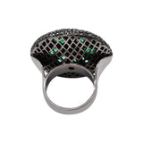 Natural Emerald Gemstone and Black Diamond Floral 925 Sterling Silver Black Rhodium Ring