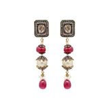 Natural Pearl, Ruby Gemstone and Polki Diamond 925 Sterling Silver Drop Earring
