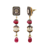 Natural Pearl, Ruby Gemstone and Polki Diamond 925 Sterling Silver Drop Earring