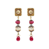 Natural Pearl, Ruby Gemstone and Polki Diamond 925 Sterling Silver Drop Earring