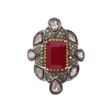 Natural Ruby Gemstone and Polki Diamond 925 Sterling Silver Gold Plated Ring
