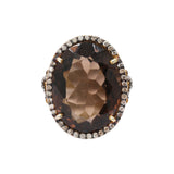 Natural Smoky Quartz Gemstone and Diamond 925 Sterling Silver Gold Plated Ring