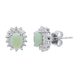 Oval Shaped Natural Opal Gemstone and Cubic Zircon 925 Sterling Silver Stud Earring