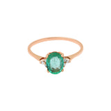 Natural Oval Cut Emerald Gemstone and Diamond 18k Yellow Gold Plain Ring For Womens