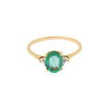 Natural Oval Cut Emerald Gemstone and Diamond 18k Yellow Gold Plain Ring For Womens