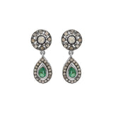 Natural Emerald Gemstone and Polki Diamond 925 Sterling Silver Designer Drop Earring