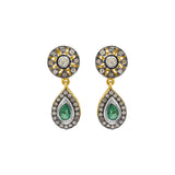 Natural Emerald Gemstone and Polki Diamond 925 Sterling Silver Designer Drop Earring