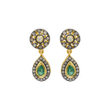 Natural Emerald Gemstone and Polki Diamond 925 Sterling Silver Designer Drop Earring