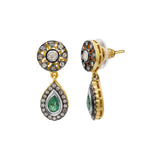Natural Emerald Gemstone and Polki Diamond 925 Sterling Silver Designer Drop Earring