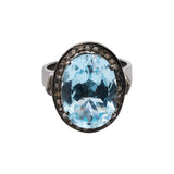 Natural Blue Topaz Gemstone and Diamond 925 Sterling Silver Black Rhodium Ring