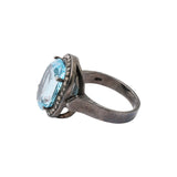 Natural Blue Topaz Gemstone and Diamond 925 Sterling Silver Black Rhodium Ring