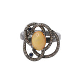 Natural Opal, Sapphire Gemstone and Diamond 925 Sterling Silver Black Rhodium Ring