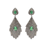 Natural Emerald Gemstone and Diamond 925 Sterling Silver Drop Leaf Shaped Earring