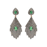 Natural Emerald Gemstone and Diamond 925 Sterling Silver Drop Leaf Shaped Earring