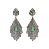 Natural Emerald Gemstone and Diamond 925 Sterling Silver Drop Leaf Shaped Earring