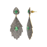 Natural Emerald Gemstone and Diamond 925 Sterling Silver Drop Leaf Shaped Earring