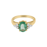 Antique Natural Emerald Oval Cut Gemstone and Diamond 14k Yellow Gold Ring For Her