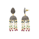 Natural Ruby, Emerald, Pearl and Diamond 925 Silver Gold Plated Jumka