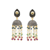 Natural Ruby, Emerald, Pearl and Diamond 925 Silver Gold Plated Jumka