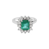 Natural Emerald Gemstone & Diamond 18k White Gold Handmade Ring For Womens