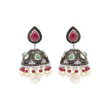 Polki Diamond Natural Ruby, Emerald, Pearl 925 Silver Gold Plated Partiwear Jumka