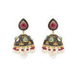 Polki Diamond Natural Ruby, Emerald, Pearl 925 Silver Gold Plated Partiwear Jumka