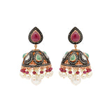 Polki Diamond Natural Ruby, Emerald, Pearl 925 Silver Gold Plated Partiwear Jumka