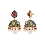 Polki Diamond Natural Ruby, Emerald, Pearl 925 Silver Gold Plated Partiwear Jumka