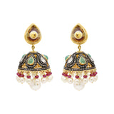 Polki Diamond Natural Ruby, Emerald, Pearl 925 Silver Gold Plated Partiwear Jumka