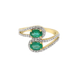 Natural Oval Emerald Gemstone & Diamond 18k Yellow Gold Bypass Ring For Womens