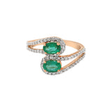 Natural Oval Emerald Gemstone & Diamond 18k Yellow Gold Bypass Ring For Womens