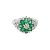 Flower Shaped Natural Emerald Gemstone & Diamond 14k Yellow Gold Ring For Womens