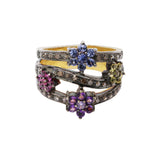 Yellow Sapphire, Ruby & Amethyst Diamond Flower 925 Silver Gold Plated Ring