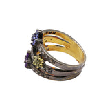 Yellow Sapphire, Ruby & Amethyst Diamond Flower 925 Silver Gold Plated Ring