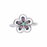 Emerald, Ruby and Sapphire 925 Sterling Silver Floral Ring