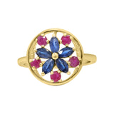 Elegant Blue Sapphire and Ruby 925 Sterling Silver Flower Ring For Women