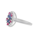 Elegant Blue Sapphire and Ruby 925 Sterling Silver Flower Ring For Women
